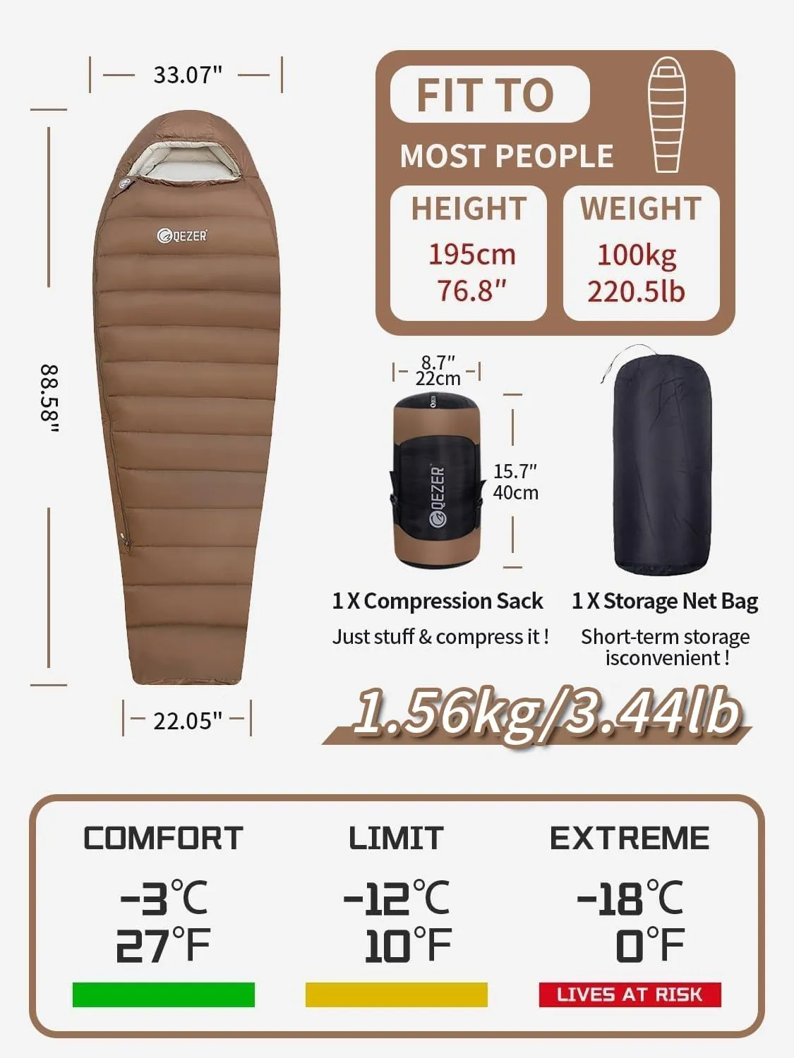 0 Degree Sleeping Bag for Adults - 660 Fill Power Down Bag for Cold Weather -20F / -8F / 0F / 10F Large Lightweight