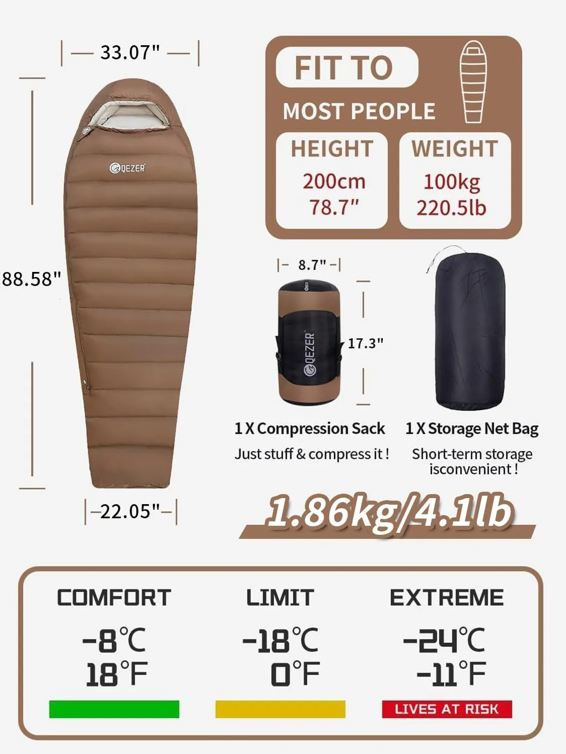 0 Degree Sleeping Bag for Adults - 660 Fill Power Down Bag for Cold Weather -20F / -8F / 0F / 10F Large Lightweight