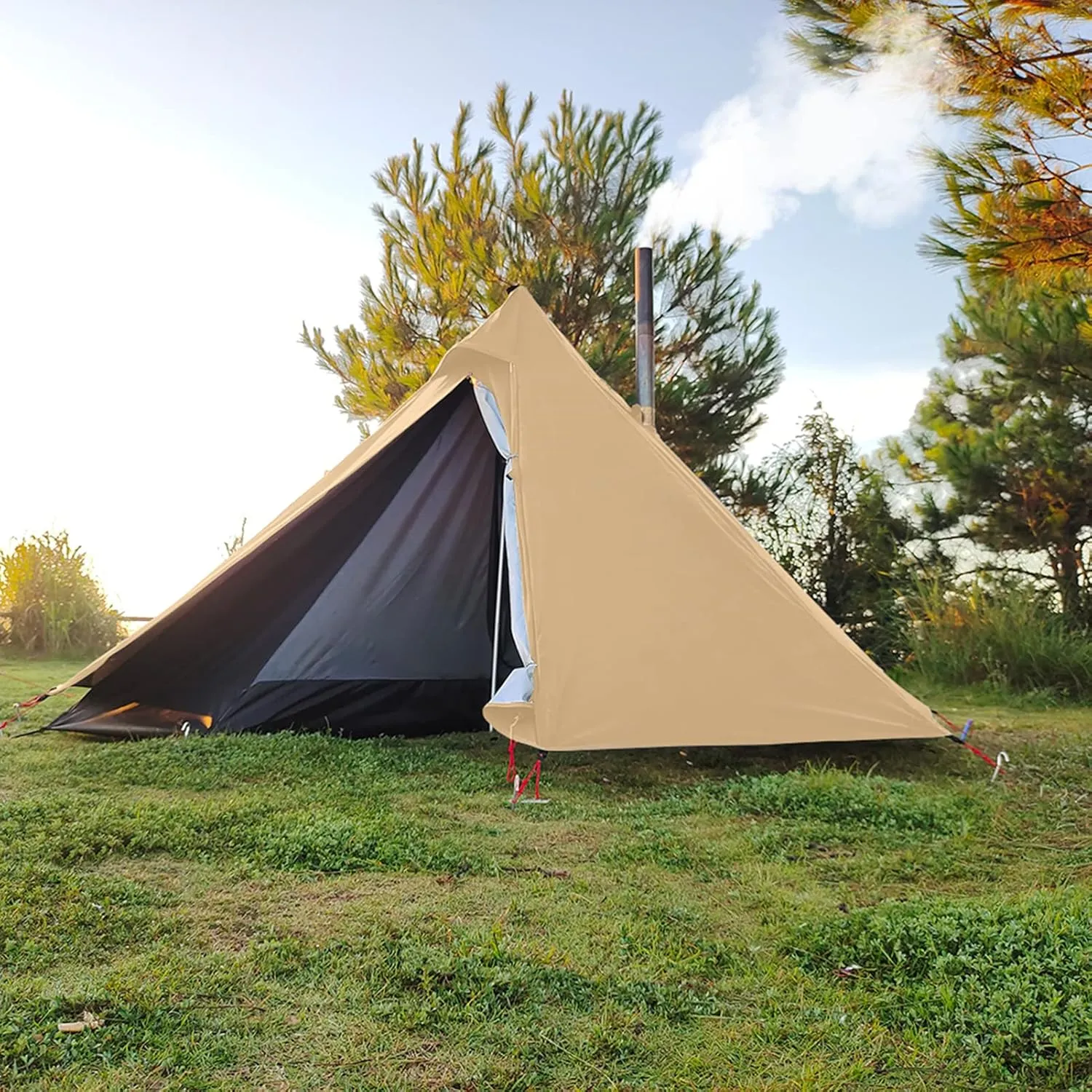 1-2 Person Pyramid Tent with Chimney Hole Outdoor Ultralight Waterproof Indian Hot Tent Portable Double Layer Tent with Storage Bag Camping Shelteru200b
