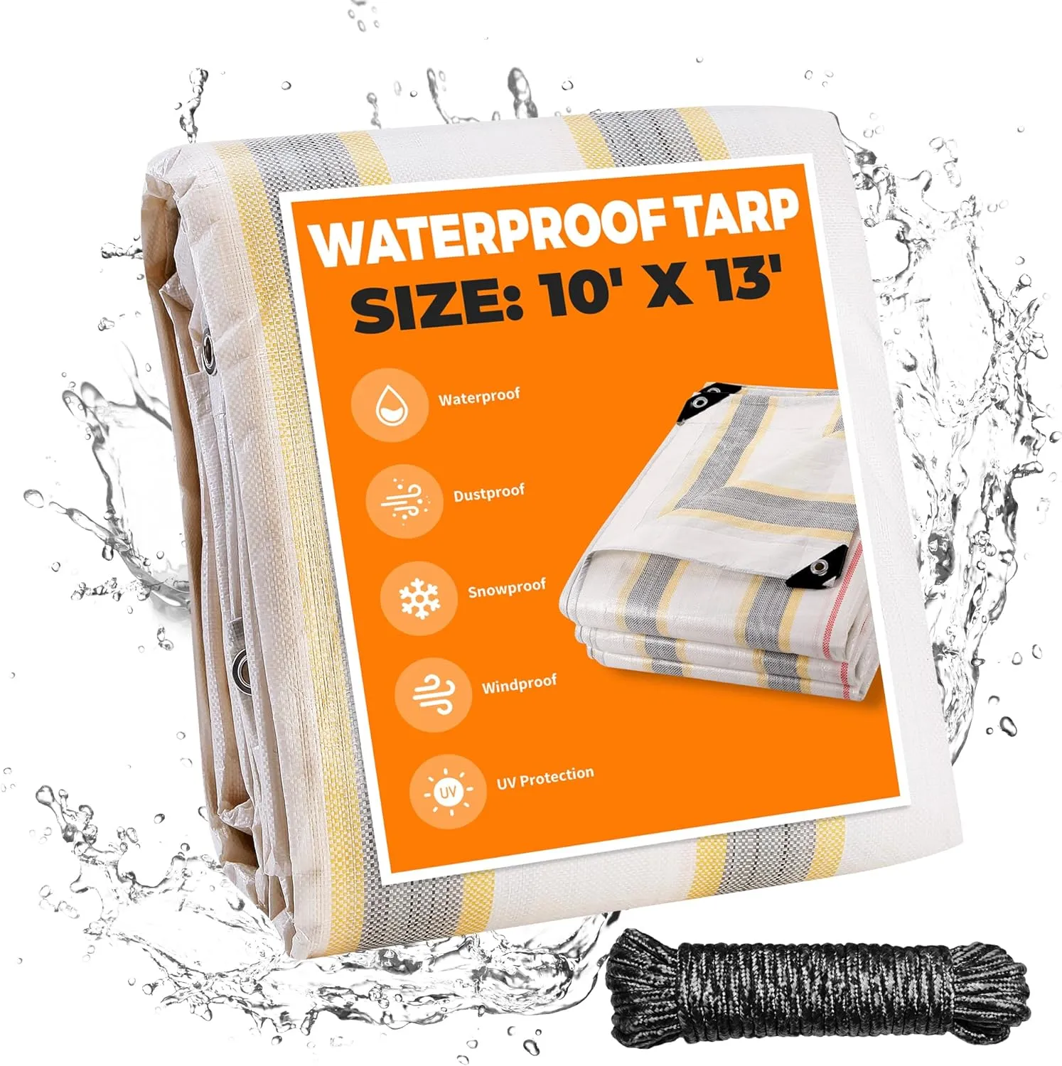 10' X 13' Heavy Duty Waterproof Tarp, Outdoor Protective Tarpaulin Cover, UV Resistant All Weather Tarps with Rustproof Grommets for Roof, Pool, Camping, Tent, Deck, RV, Boat