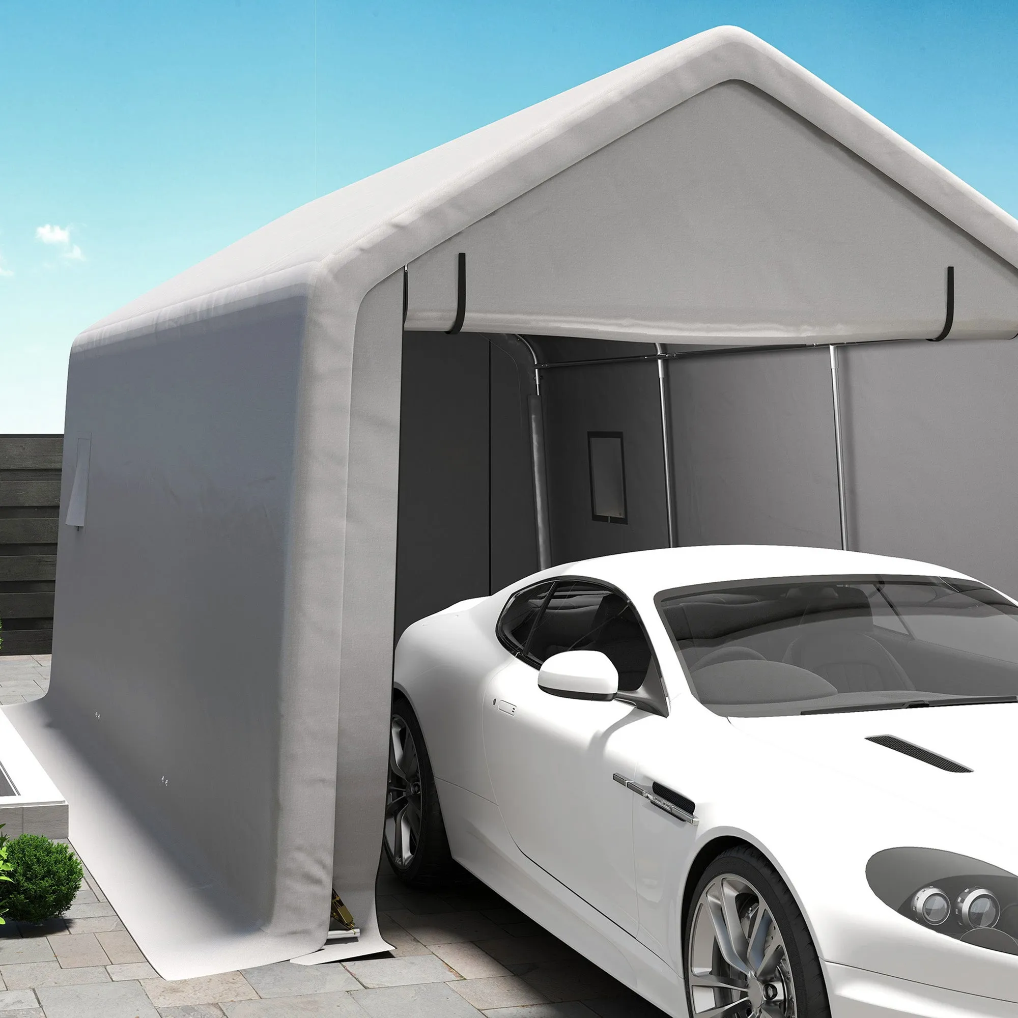 10' x 17' Heavy Duty Carport with Zipper Door, UV Resistant Waterproof, Grey