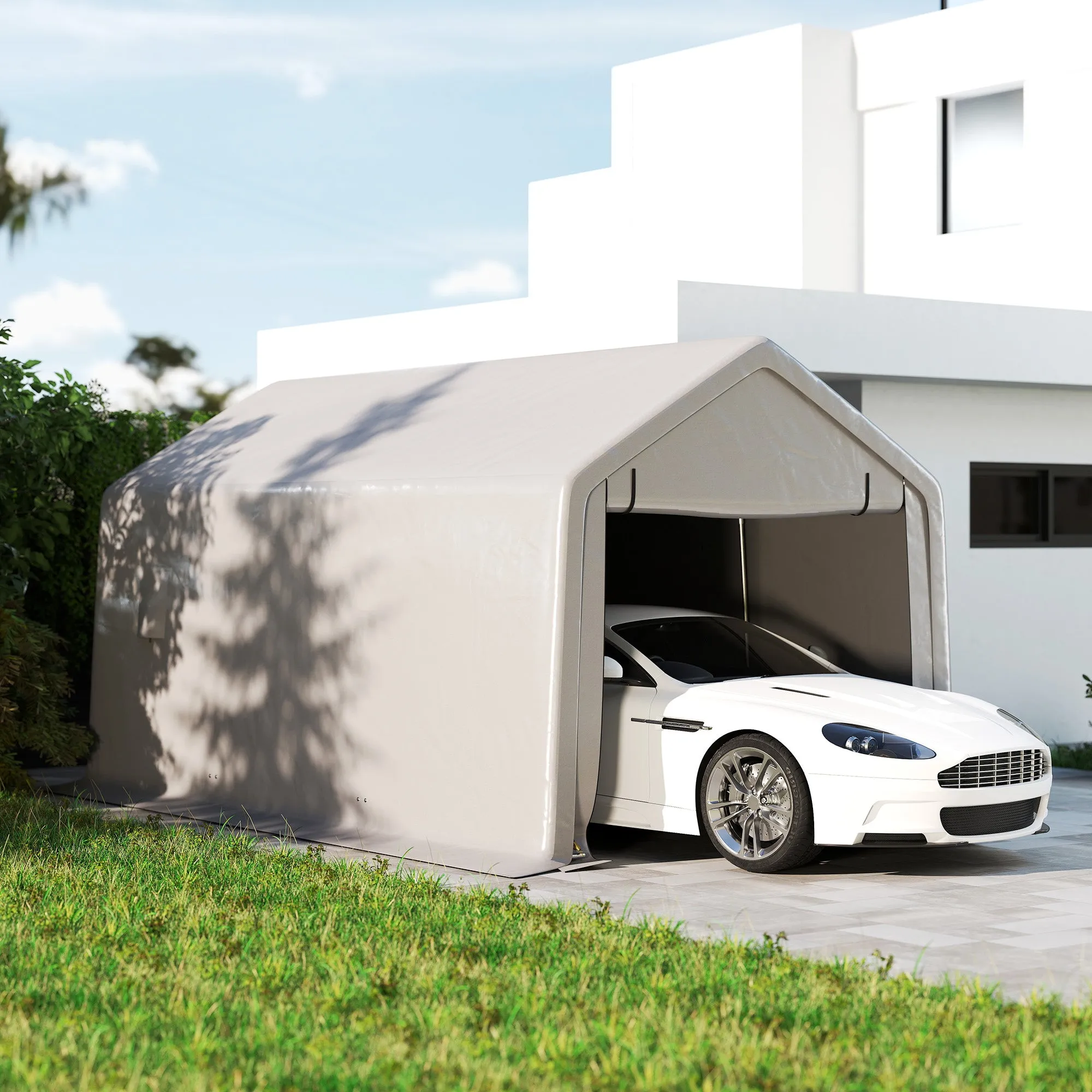10' x 17' Heavy Duty Carport with Zipper Door, UV Resistant Waterproof, Grey