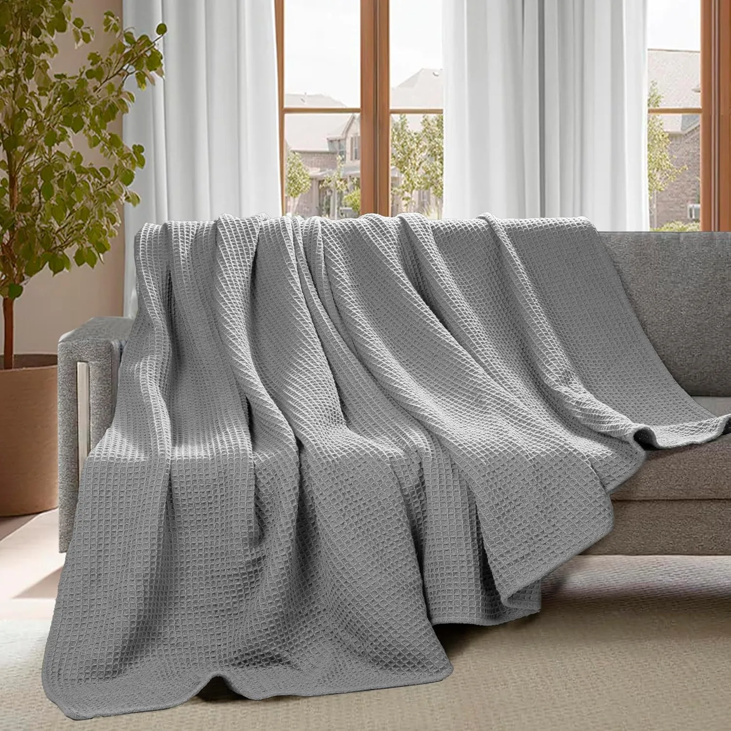 100% Cotton Blankets Twin XL - Waffle Weave Fall Blanket, Lightweight and Breathable, Soft & Skin-Friendly - Light Grey, 60x90 Inches