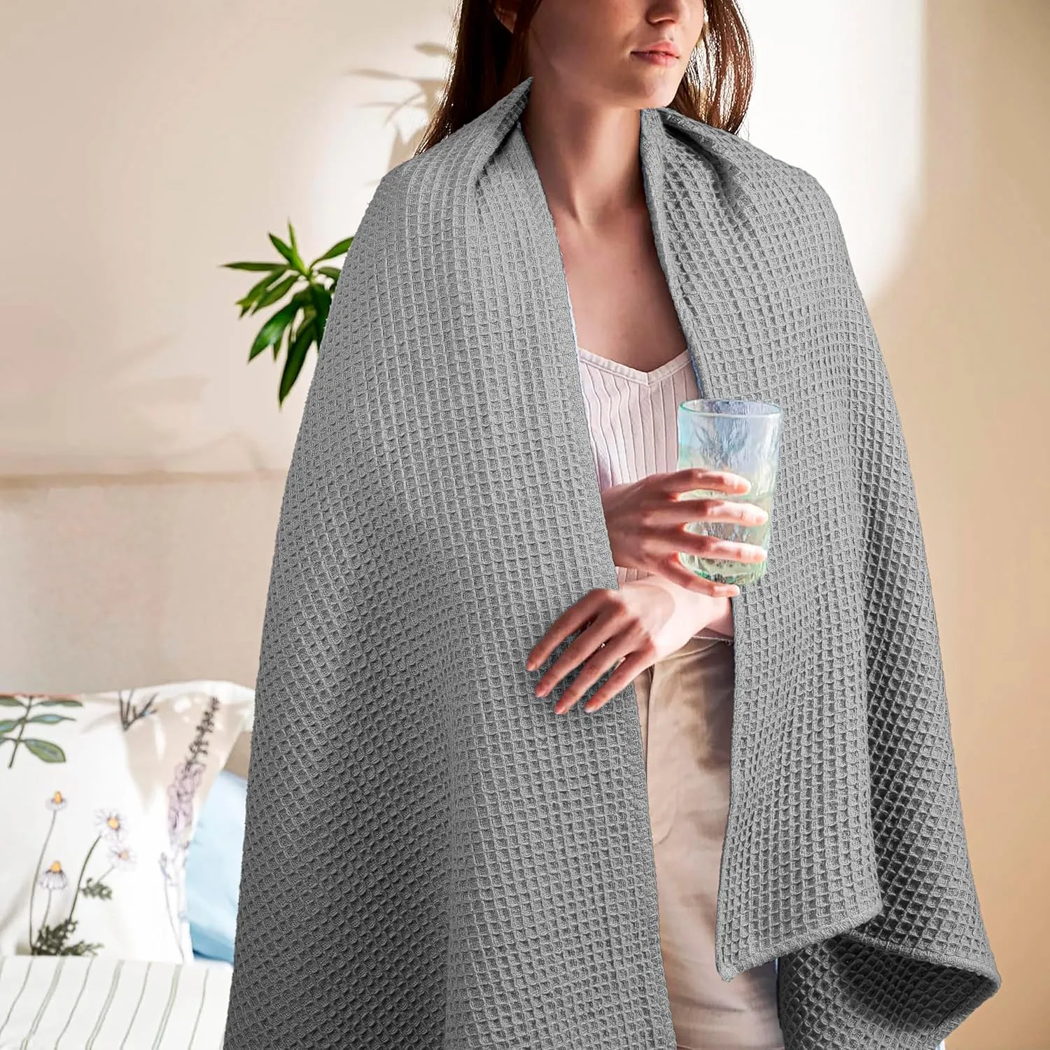 100% Cotton Blankets Twin XL - Waffle Weave Fall Blanket, Lightweight and Breathable, Soft & Skin-Friendly - Light Grey, 60x90 Inches