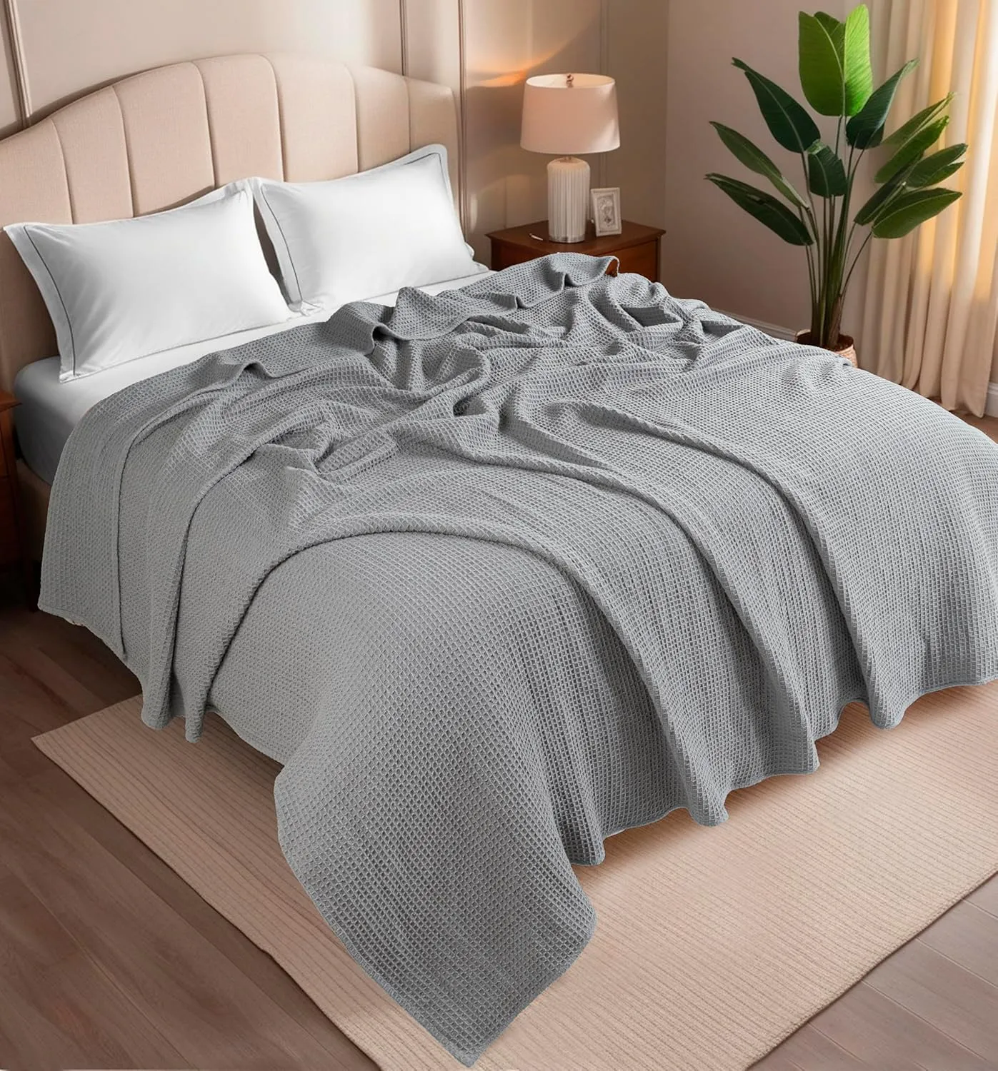 100% Cotton Blankets Twin XL - Waffle Weave Fall Blanket, Lightweight and Breathable, Soft & Skin-Friendly - Light Grey, 60x90 Inches