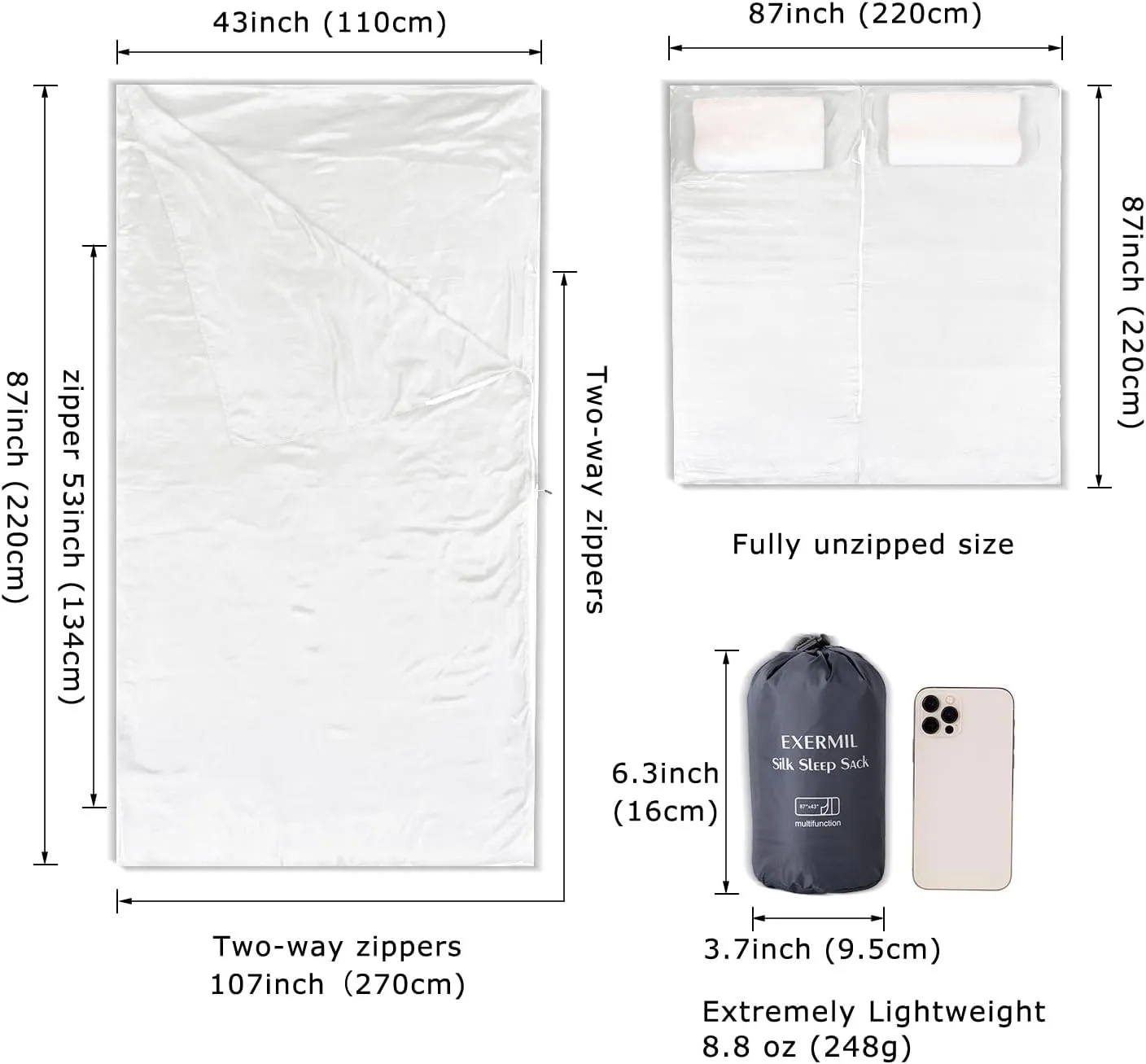 100% Silk Sleep Sack with Zippers on 3 Sides, 87”x43” Large Sleeping Liners for Hotels, Travel & Camping, Multifunctional Travel Sheets (Unzipped:87”x87”) for Adults, Lightweight, All Seasons