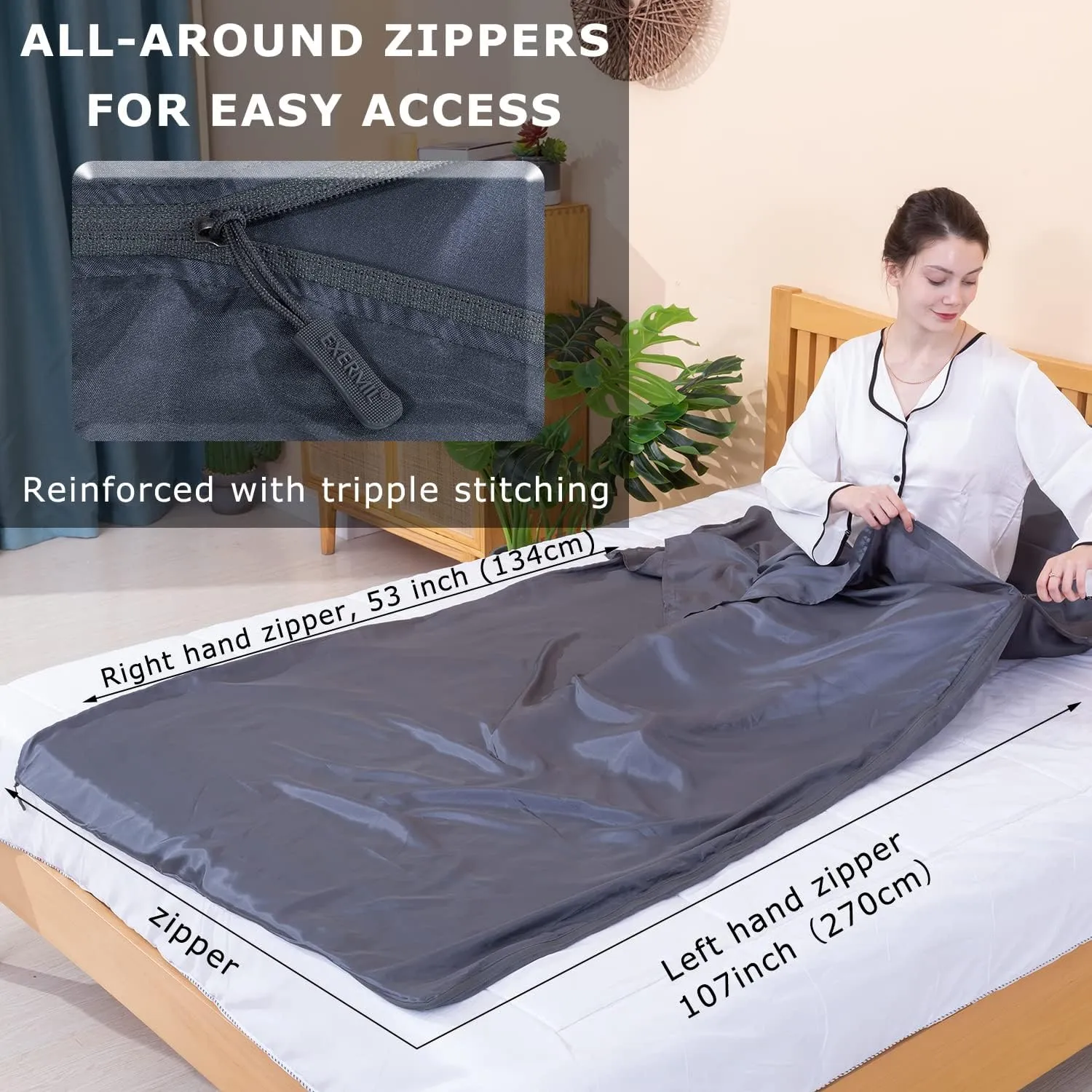 100% Silk Sleep Sack with Zippers on 3 Sides, 87”x43” Large Sleeping Liners for Hotels, Travel & Camping, Multifunctional Travel Sheets (Unzipped:87”x87”) for Adults, Lightweight, All Seasons