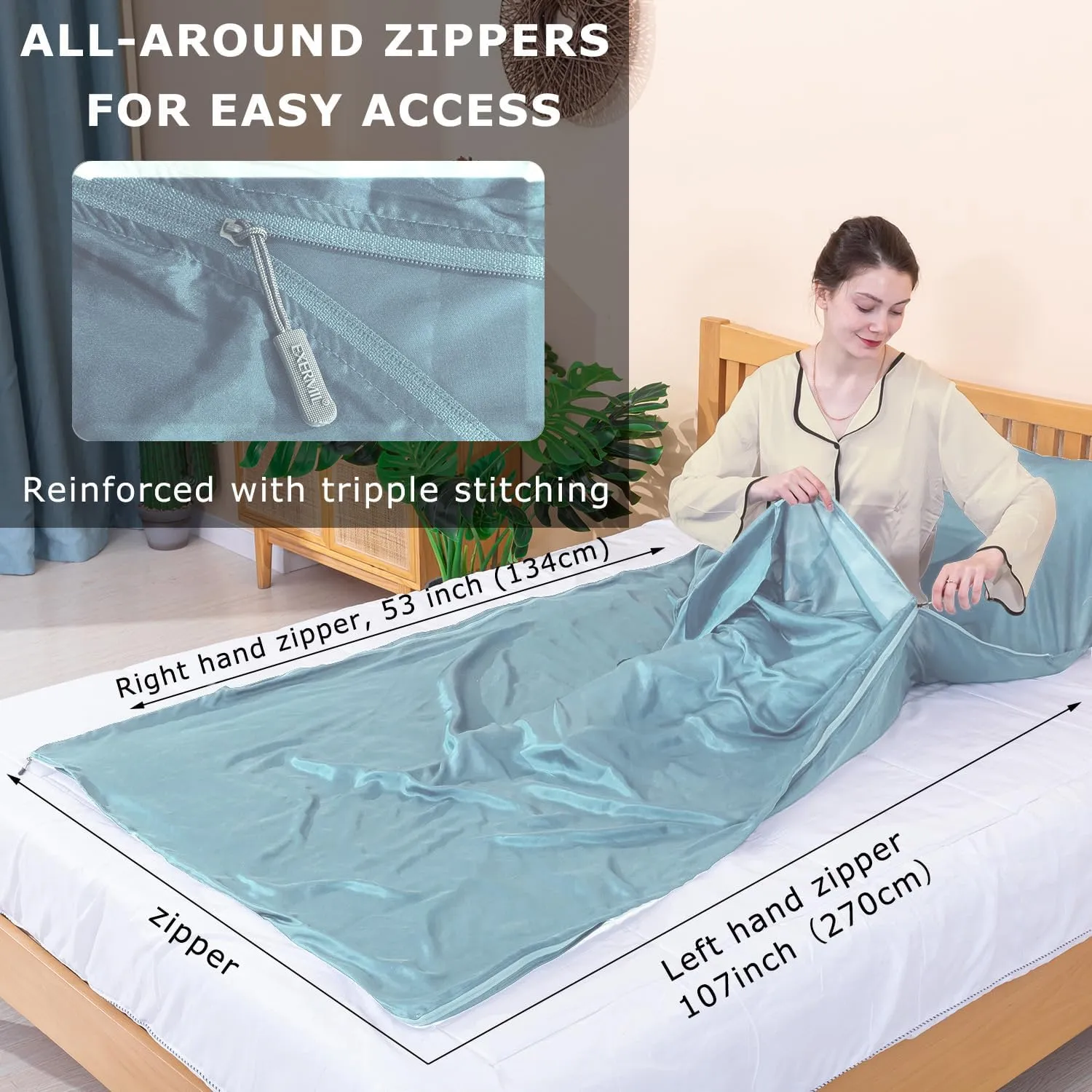 100% Silk Sleep Sack with Zippers on 3 Sides, 87”x43” Large Sleeping Liners for Hotels, Travel & Camping, Multifunctional Travel Sheets (Unzipped:87”x87”) for Adults, Lightweight, All Seasons