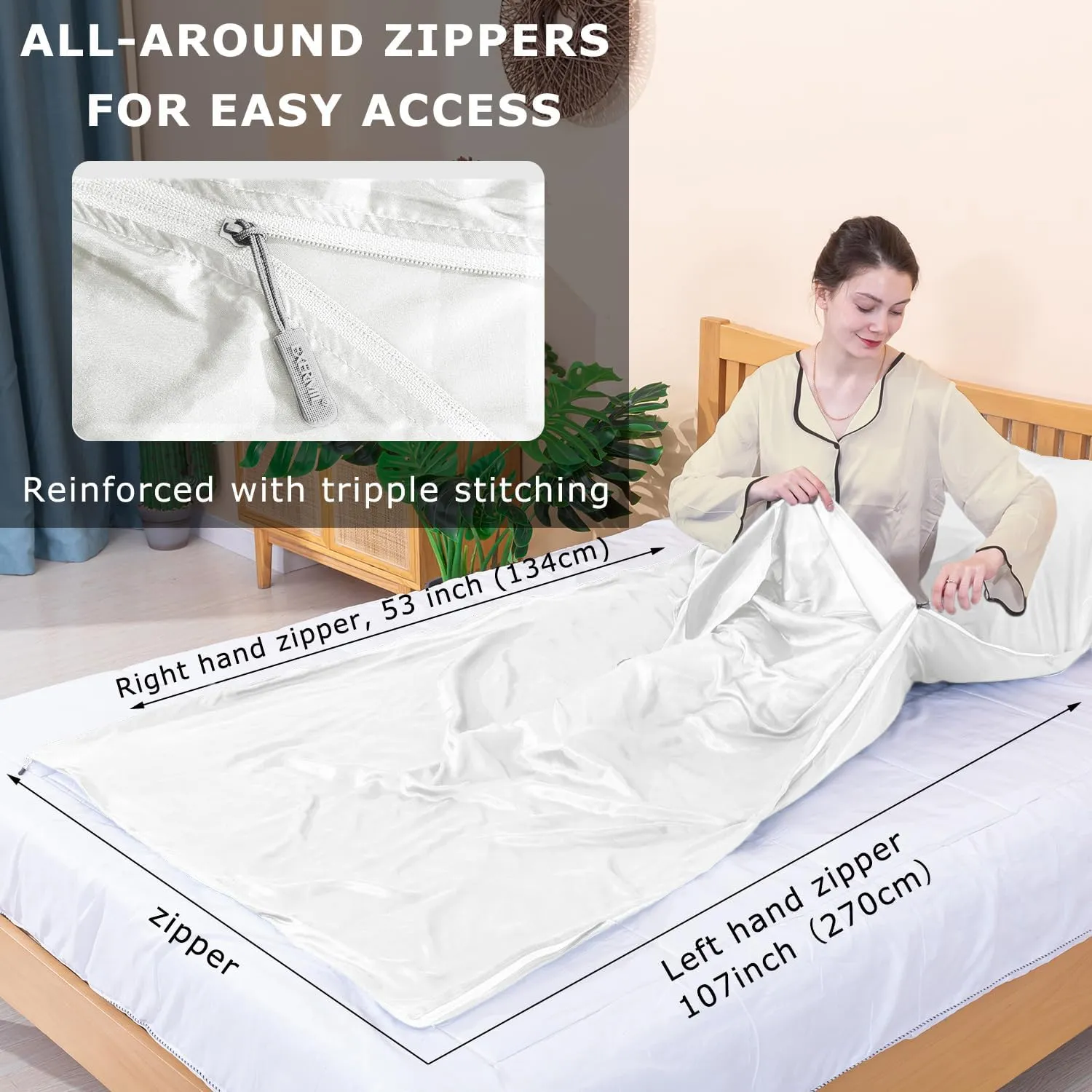 100% Silk Sleep Sack with Zippers on 3 Sides, 87”x43” Large Sleeping Liners for Hotels, Travel & Camping, Multifunctional Travel Sheets (Unzipped:87”x87”) for Adults, Lightweight, All Seasons