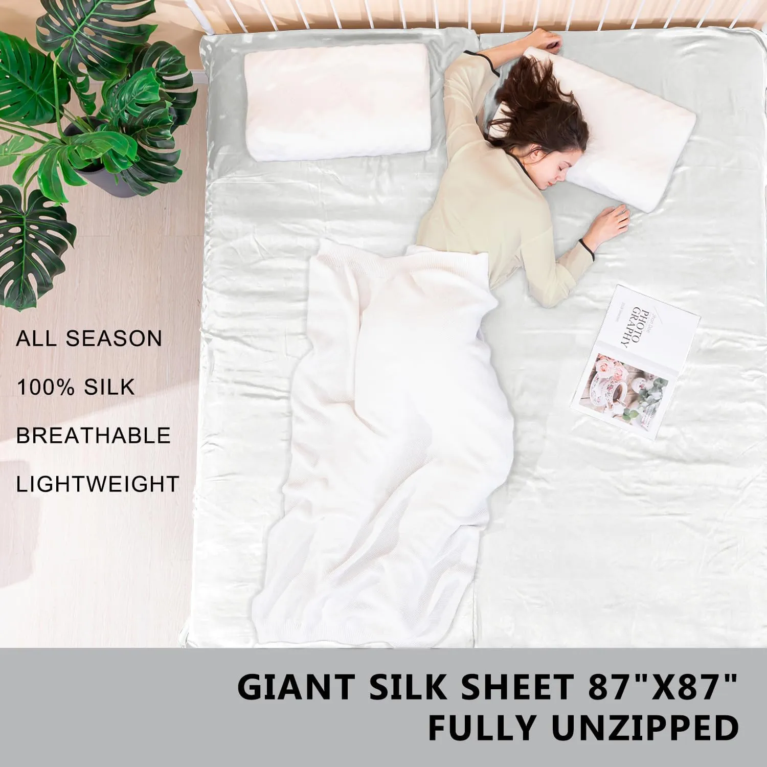 100% Silk Sleep Sack with Zippers on 3 Sides, 87”x43” Large Sleeping Liners for Hotels, Travel & Camping, Multifunctional Travel Sheets (Unzipped:87”x87”) for Adults, Lightweight, All Seasons
