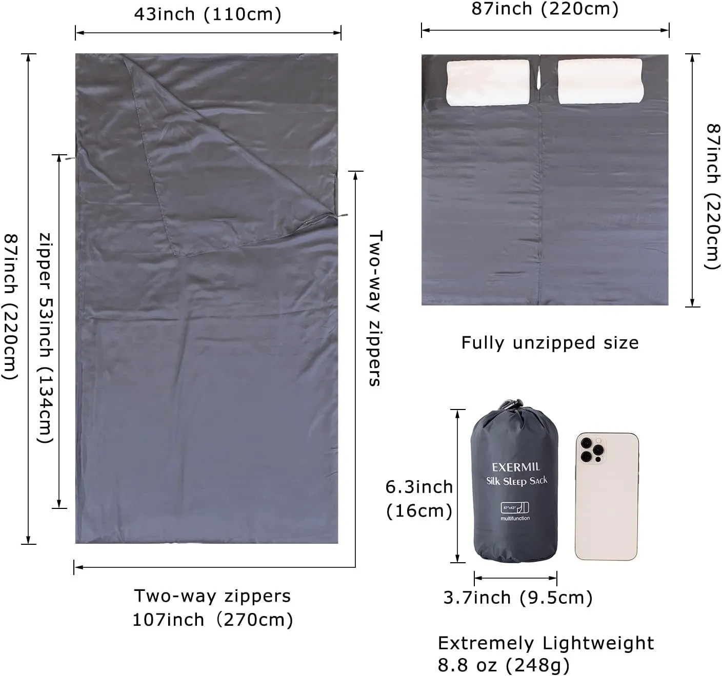 100% Silk Sleep Sack with Zippers on 3 Sides, 87”x43” Large Sleeping Liners for Hotels, Travel & Camping, Multifunctional Travel Sheets (Unzipped:87”x87”) for Adults, Lightweight, All Seasons