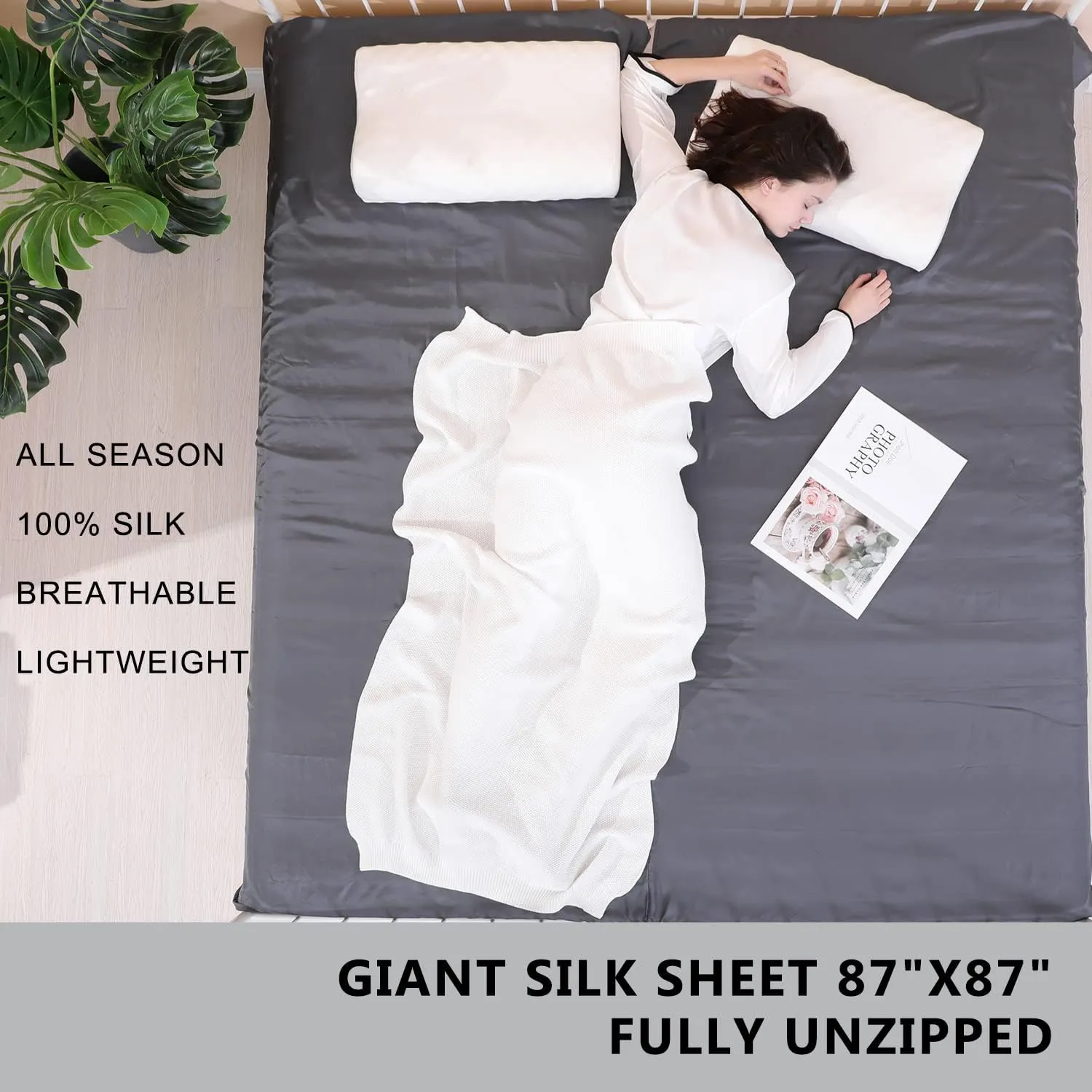 100% Silk Sleep Sack with Zippers on 3 Sides, 87”x43” Large Sleeping Liners for Hotels, Travel & Camping, Multifunctional Travel Sheets (Unzipped:87”x87”) for Adults, Lightweight, All Seasons