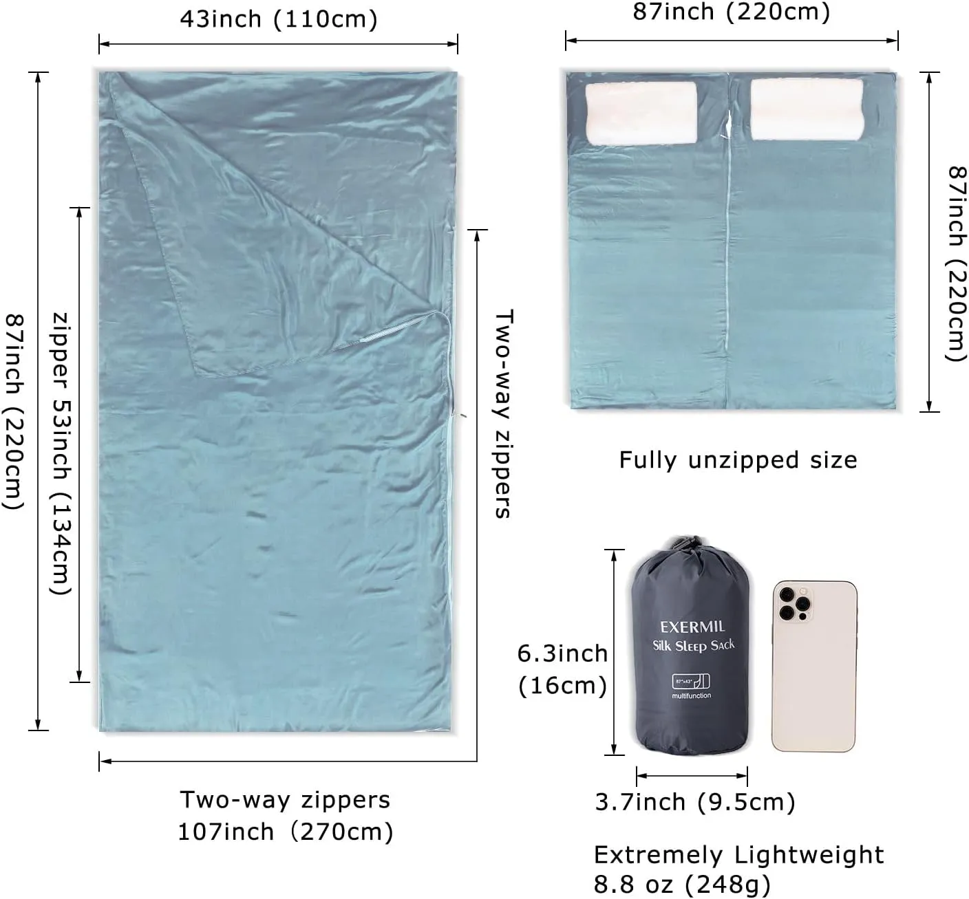 100% Silk Sleep Sack with Zippers on 3 Sides, 87”x43” Large Sleeping Liners for Hotels, Travel & Camping, Multifunctional Travel Sheets (Unzipped:87”x87”) for Adults, Lightweight, All Seasons