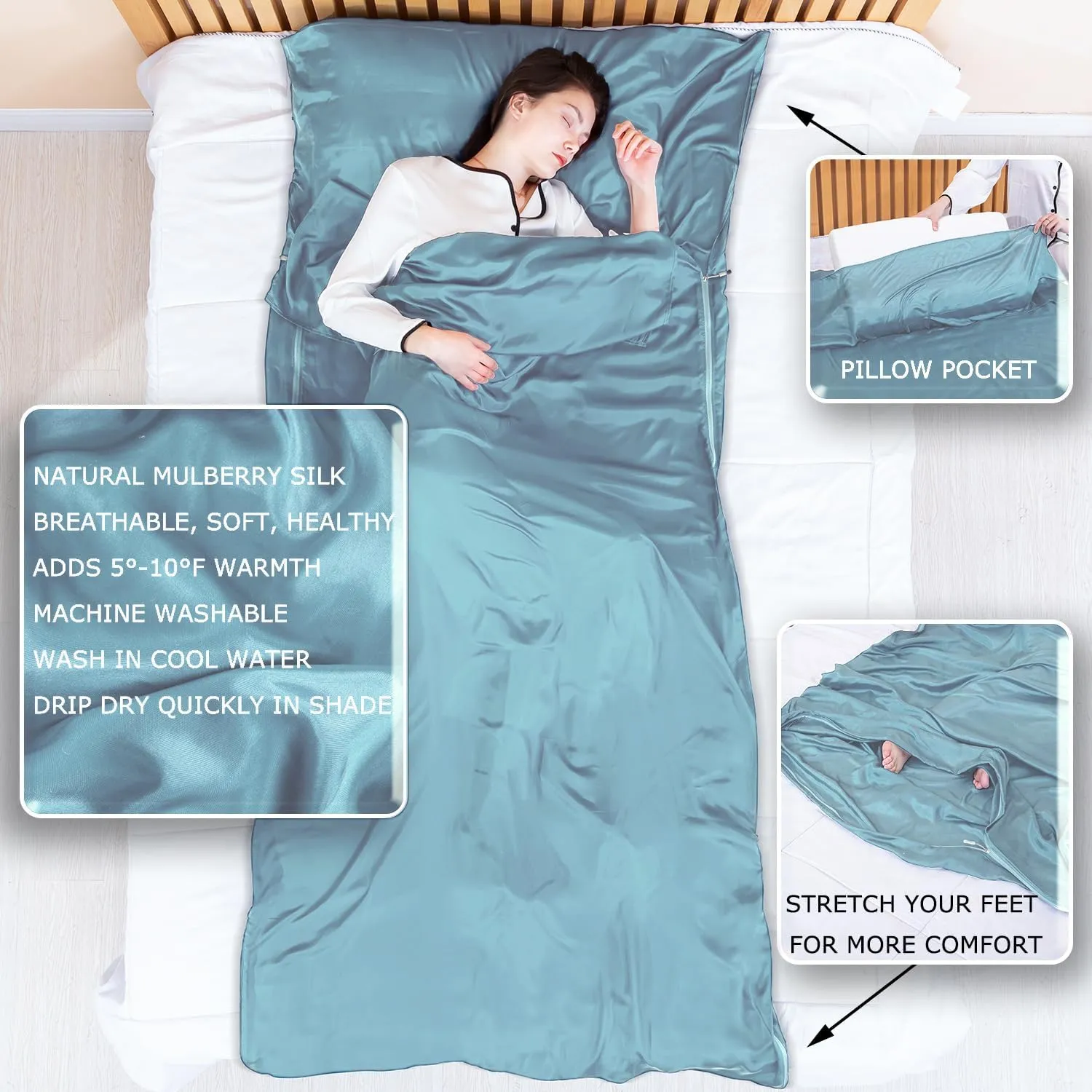100% Silk Sleep Sack with Zippers on 3 Sides, 87”x43” Large Sleeping Liners for Hotels, Travel & Camping, Multifunctional Travel Sheets (Unzipped:87”x87”) for Adults, Lightweight, All Seasons