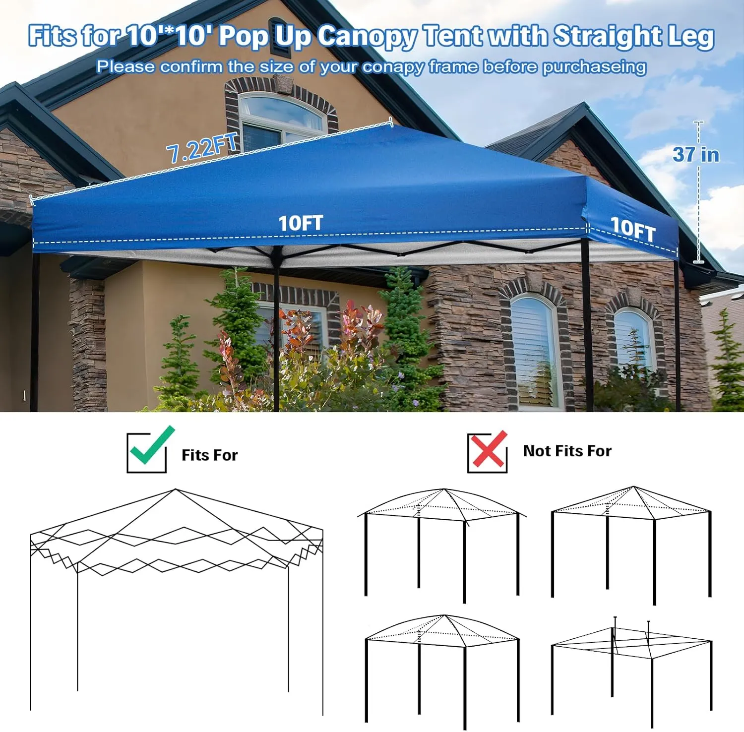 10×10 Canopy Replacement Top, Pop Up Canopy Replacement Tent Cover for Straight Leg Frame, Waterproof Canopy Top Cover for Garden Patio Camping (Top Only)(Blue)