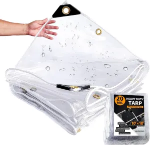 10×10ft, Clear Tarp with Grommets, 20 Mil, Vinyl Tarpaulin Heavy Duty Waterproof, Reinforced Edges, Outdoor Greenhouse Tarps, Rainproof, for Garden, Cars, Patio