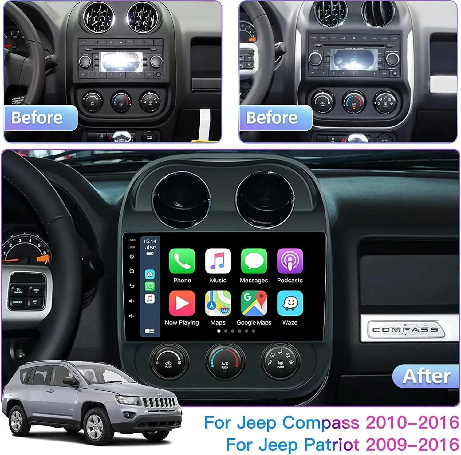 10.2 Inch 5G WiFi 8 Core Car Stereo Upgrade Radio for 2010-2016 Jeep Compass Patriot Carplay Android Auto Android 13.0 Support FM/AM/RDS 48EQ Mirroring Rear 1080P Camera SWC 4RAM 64ROM