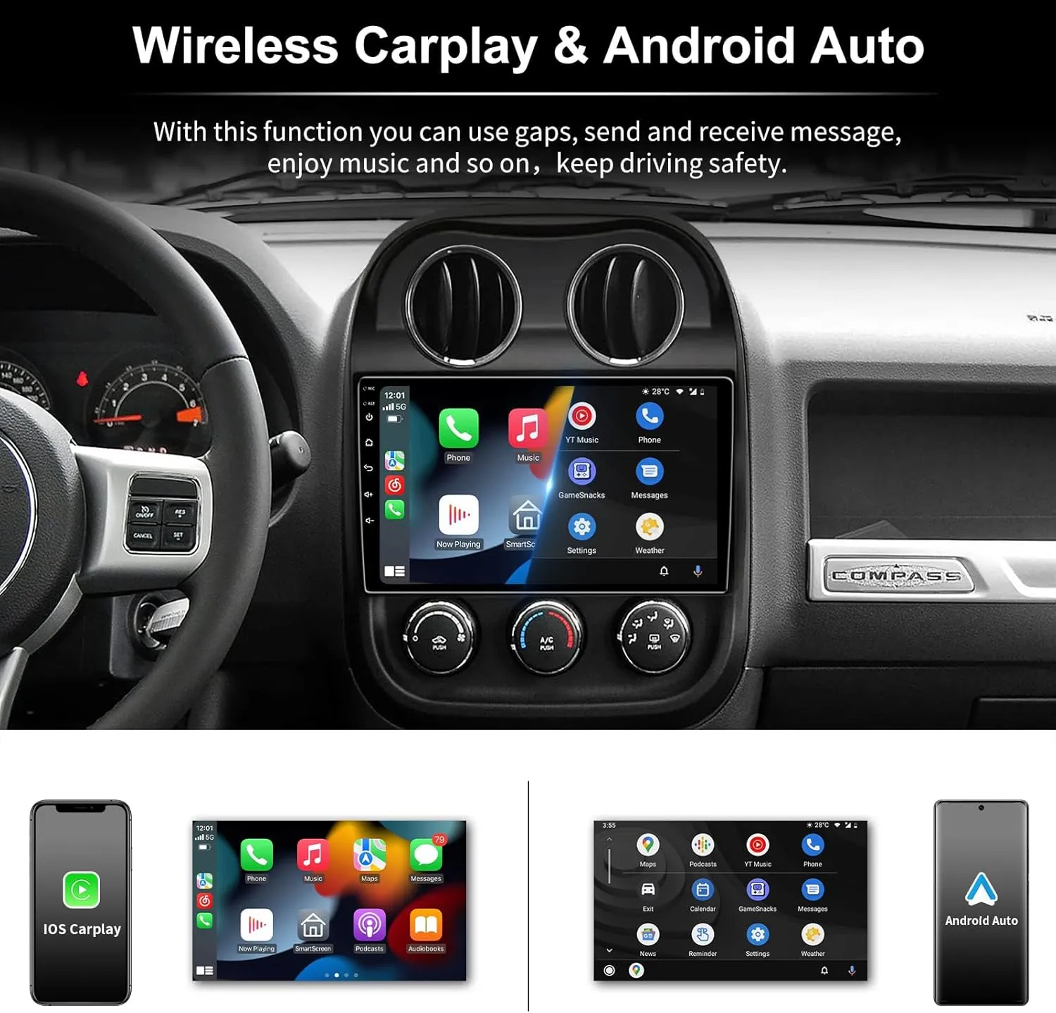 10.2 Inch 5G WiFi 8 Core Car Stereo Upgrade Radio for 2010-2016 Jeep Compass Patriot Carplay Android Auto Android 13.0 Support FM/AM/RDS 48EQ Mirroring Rear 1080P Camera SWC 4RAM 64ROM