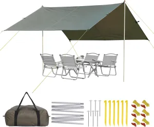 10.5X9.2FT Tarp with 2 Poles, Waterproof Camping Tarp Awning, Camping Tarp Sun Shelter, Outdoor Waterproof Hammock Tent Tarp Shelter for Outdoor Adventures, Beach, Camping, Hiking