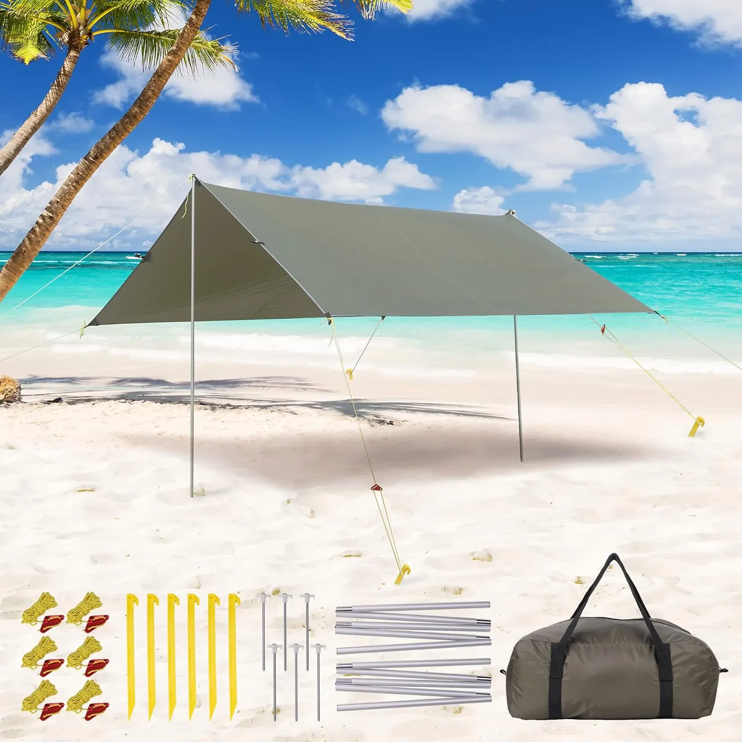 10.5X9.2FT Tarp with 2 Poles, Waterproof Camping Tarp Awning, Camping Tarp Sun Shelter, Outdoor Waterproof Hammock Tent Tarp Shelter for Outdoor Adventures, Beach, Camping, Hiking