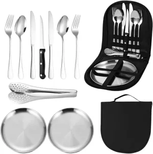 10pcs Portable Knife, Fork, Spoon, Plate, Steak Clip Set - Camping Picnic Two-Person Tableware - Outdoor Stainless Steel Set