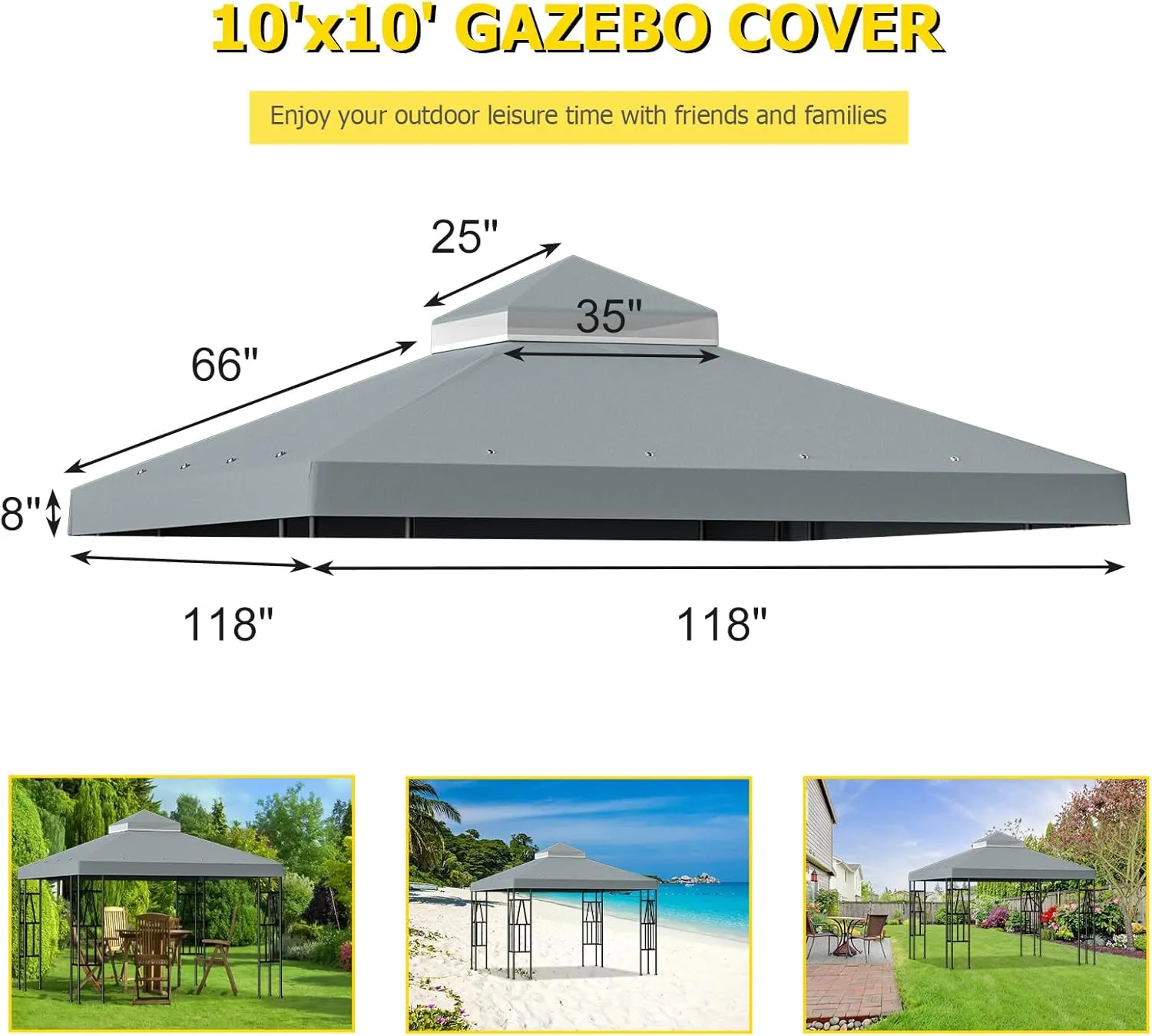 10'x10' Replacement Canopy Top Cover Only for Gazebo, Double Tiered Gazebo Covers for Outdoor Patio Garden Canopy Upgraded 2025 (Gray)