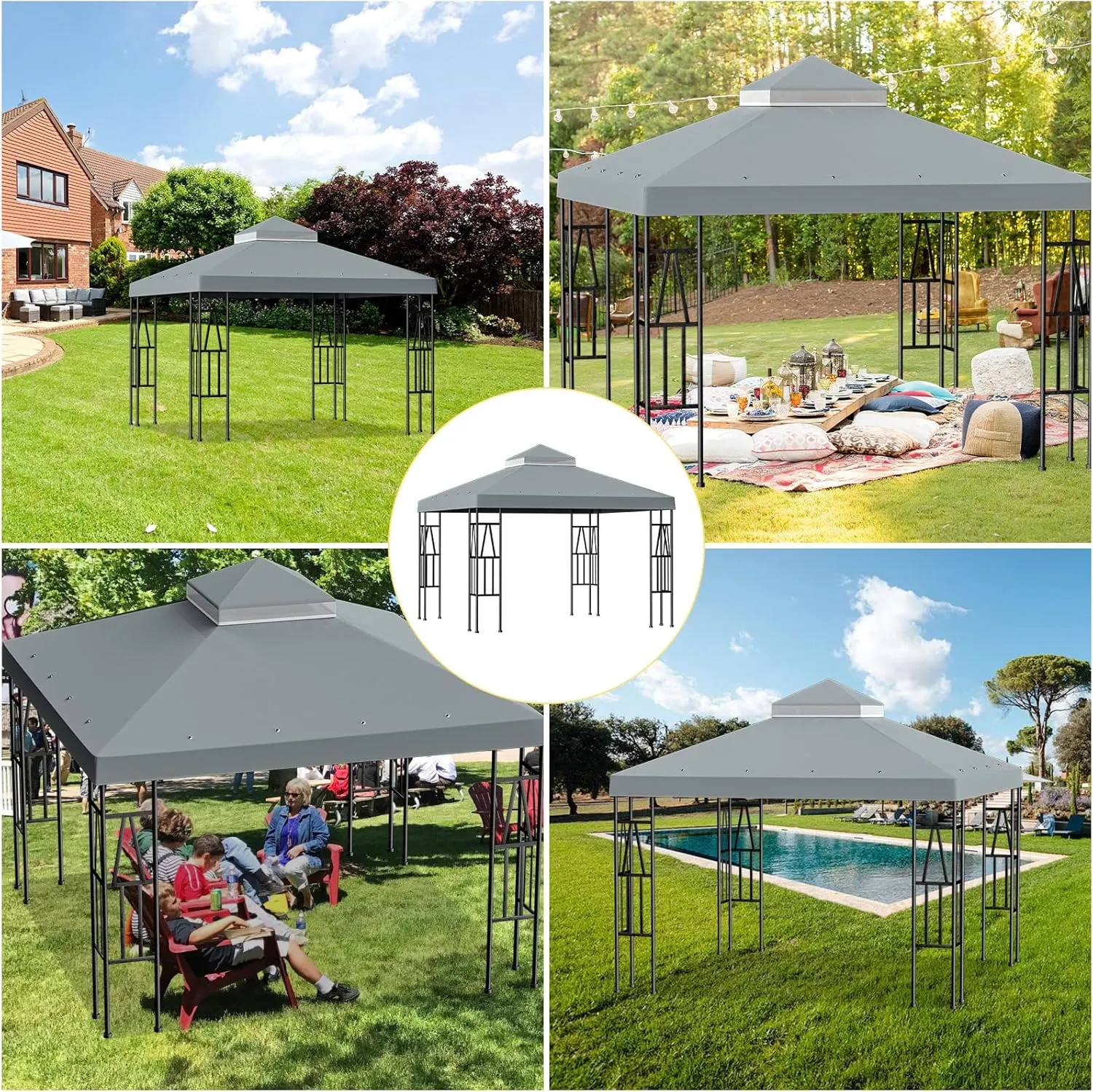10'x10' Replacement Canopy Top Cover Only for Gazebo, Double Tiered Gazebo Covers for Outdoor Patio Garden Canopy Upgraded 2025 (Gray)