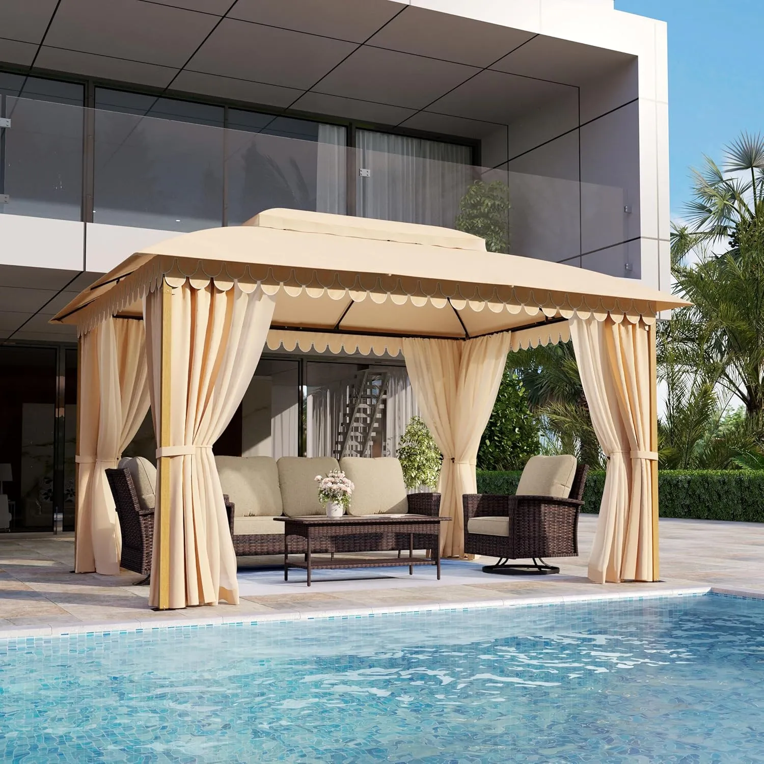 10x13 Outdoor Gazebo with Double Roofs, Sturdy Metal Frame Patio Gazebo, Patio Canopy with Privacy Curtains & Mosquito Netting, Party Tent and Shelter for Backyard, Lawn, Garden, Deck (Beige)