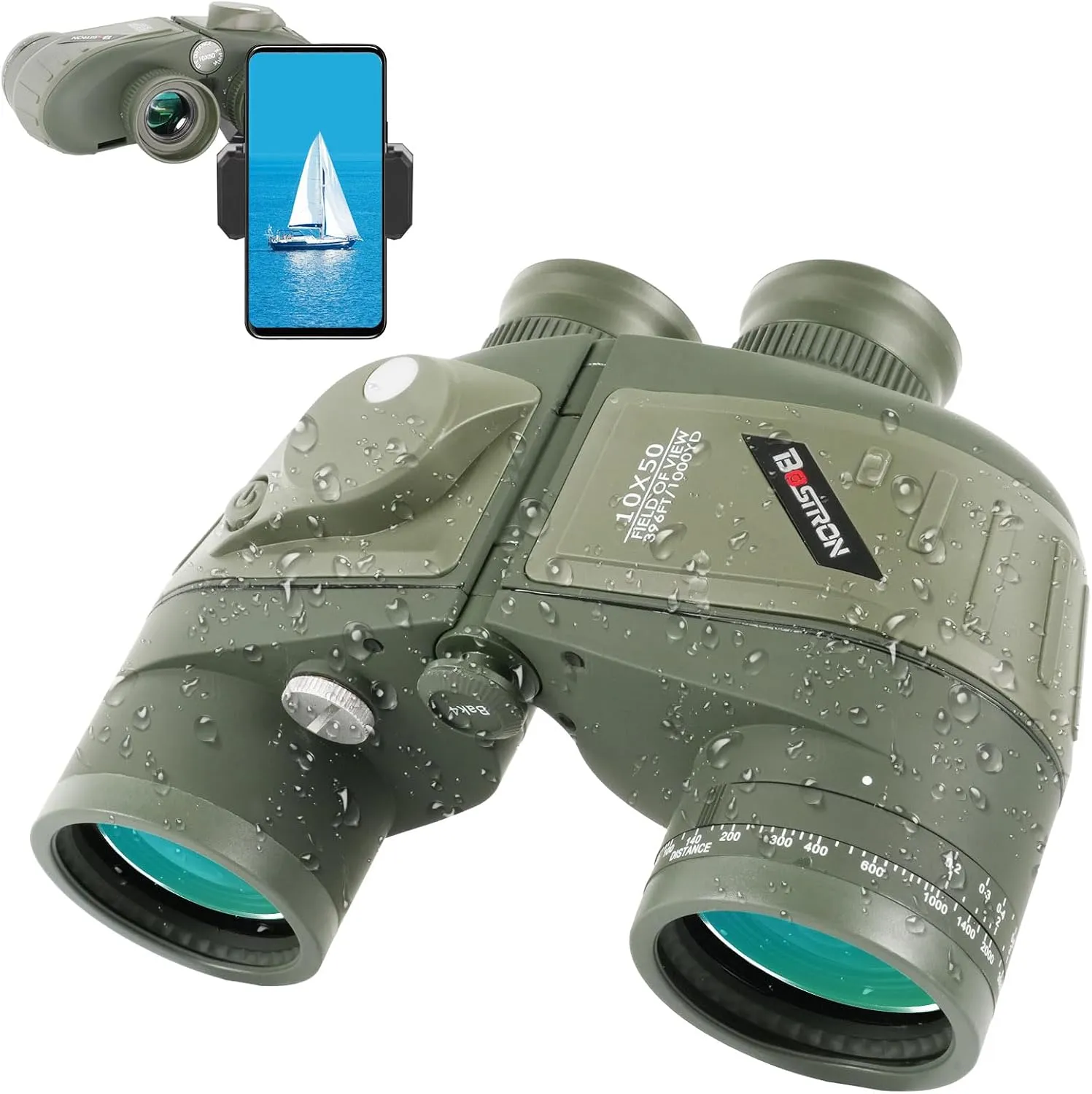10X50 Marine Binoculars with Compass Rangefinder,Phone Adapter,Strap,BAK4 FMC Lens,Shockproof Military IPX7 Floating Waterproof Binoculars for Adults Sailing Boating Hunting Birdwatching