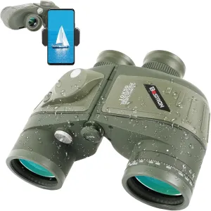 10X50 Marine Binoculars with Compass Rangefinder,Phone Adapter,Strap,BAK4 FMC Lens,Shockproof Military IPX7 Floating Waterproof Binoculars for Adults Sailing Boating Hunting Birdwatching