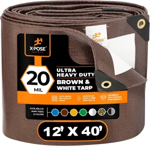 12' x 40' Brown/White Ultra Heavy Duty Tarp - 20 Mil Tarps Heavy Duty Waterproof 12x40 - Extra Large Outdoor Tarp, Waterproof Tarp Cover for Rain Camping, Tent Tarp, UV Protection, Reinforced Corners