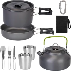 12Pcs Camping Cookware Mess Kit Set, Lightweight Camping Pots and Pans Kettle Set with Stainless Steel Fork Knife Spoon Cups for Camping, Backpacking, Outdoor Cooking and Picnic