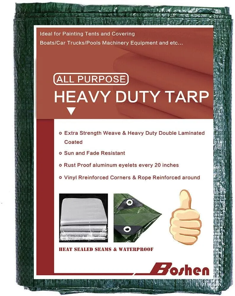 12'x 5' Tarps Heavy Duty Thick Waterproof, Poly Canopy Green Tent Shelter Cover, 5 Mil Tarpaulin Shade, Rip and Tear Proof, UV Resistant Tarpaulin with Grommets and Reinforced Edges