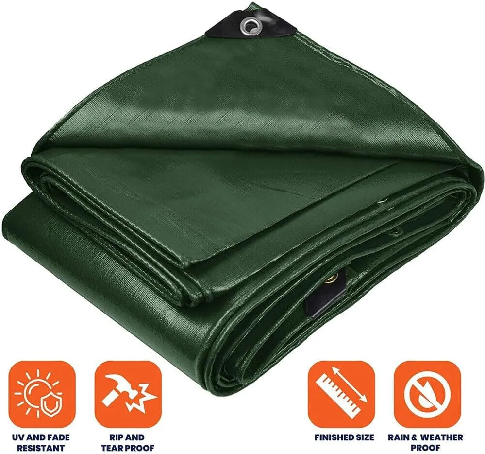 12'x 5' Tarps Heavy Duty Thick Waterproof, Poly Canopy Green Tent Shelter Cover, 5 Mil Tarpaulin Shade, Rip and Tear Proof, UV Resistant Tarpaulin with Grommets and Reinforced Edges