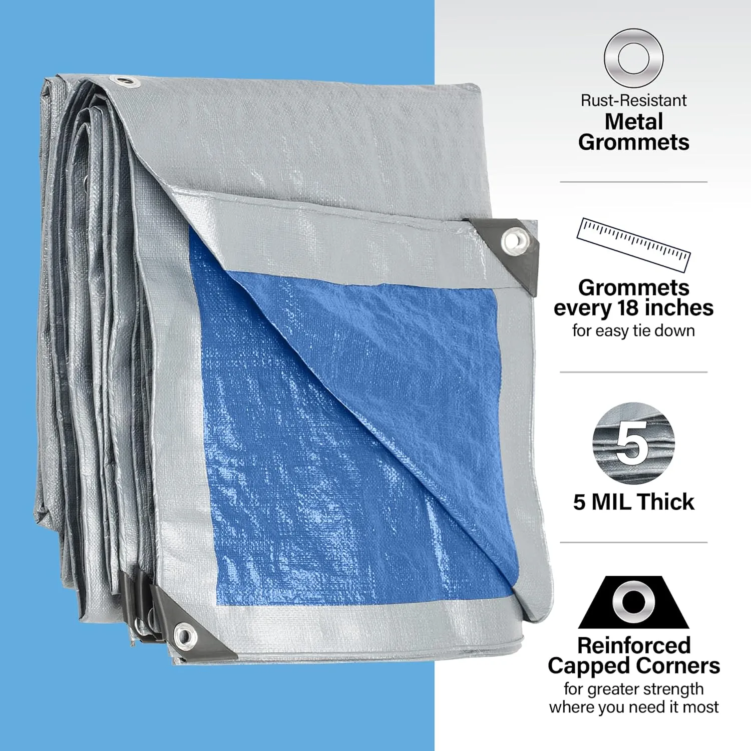 12x16 Tarp, Waterproof Plastic Poly 5.5 Mil Thick Tarpaulin with Metal Grommets Every 18 Inches - Emergency Rain Shelter, Outdoor Cover and Camping Use - (Reversible, Blue and Silver) (12x 16 Feet)