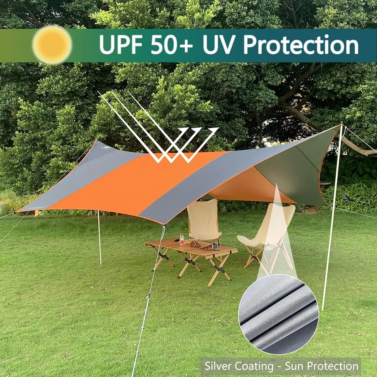 13.5 * 13.5ft Camping Tarp Shelter with Poles Large Tent Tarp Waterproof Rain Fly for Hammock Cover Bushcraft Picnic Backpacking Outdoor Survival