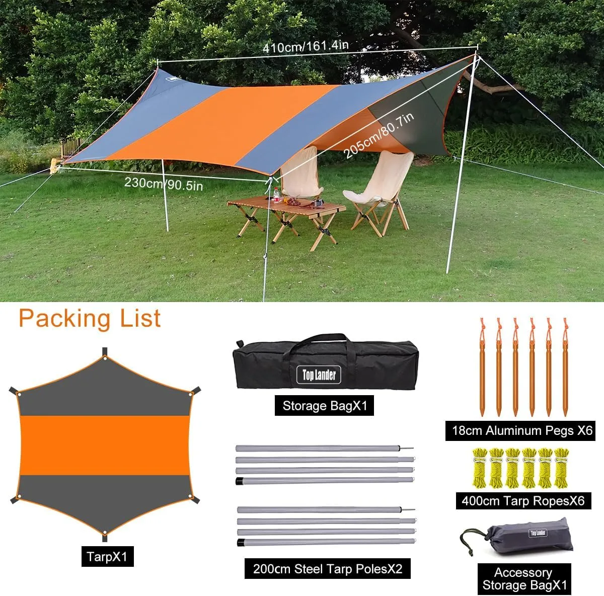 13.5 * 13.5ft Camping Tarp Shelter with Poles Large Tent Tarp Waterproof Rain Fly for Hammock Cover Bushcraft Picnic Backpacking Outdoor Survival