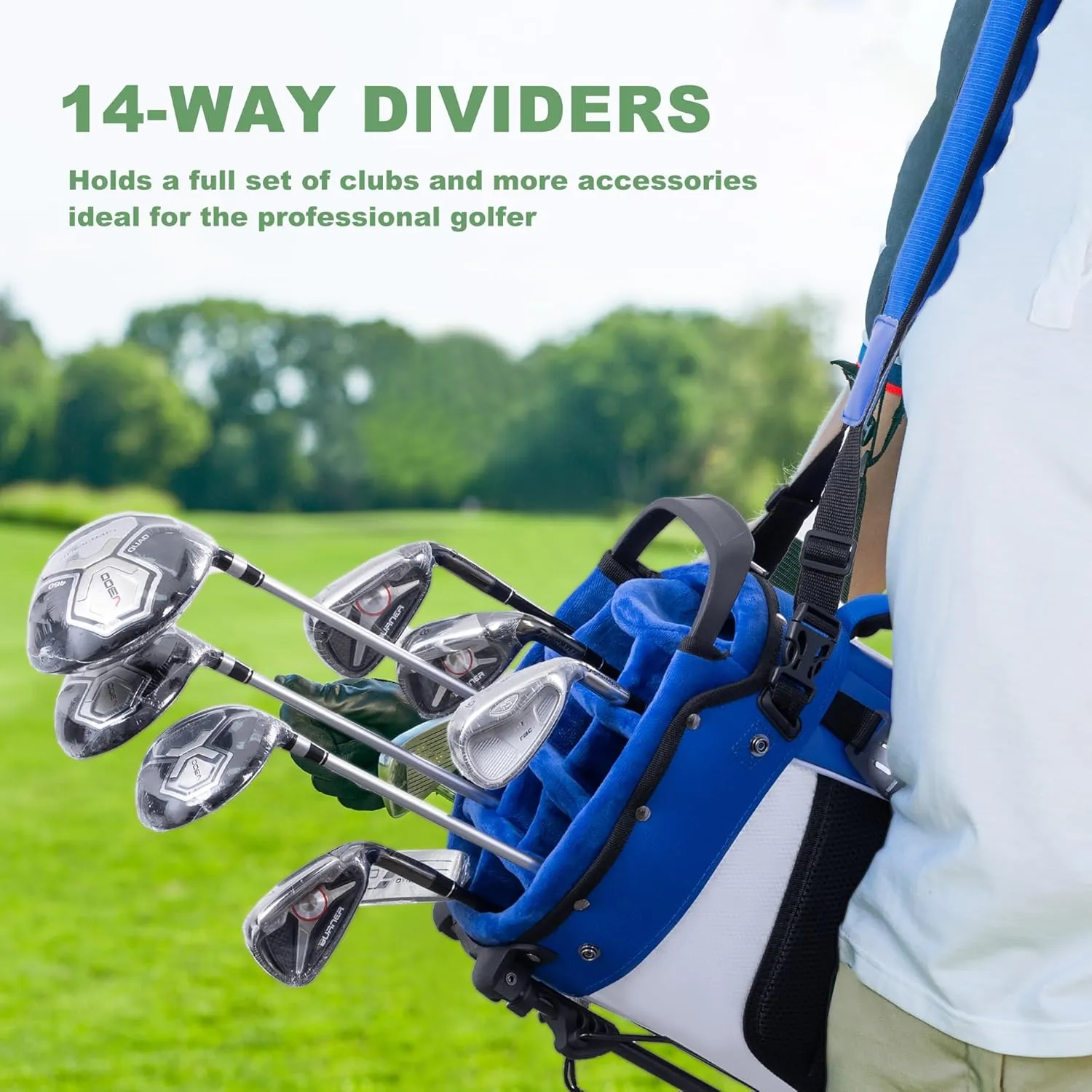 14-Way Golf Stand Bag,Premium Lightweight Golf Bag with Full-Length Dividers, Interchangeable PE-Padded Straps & Stabilizing Kickstand - Plush-Lined Top with Waterproof Cover