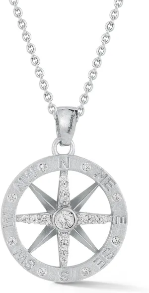 14K Yellow or White Gold 0.24 ct. Compass Pendant Necklace with Mixed Bezel, Burnish, and Pave Set Diamonds, 16" Rolo Chain