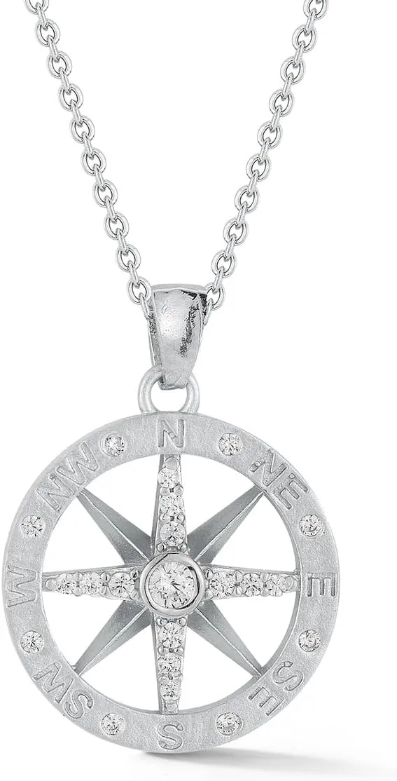 14K Yellow or White Gold 0.24 ct. Compass Pendant Necklace with Mixed Bezel, Burnish, and Pave Set Diamonds, 16" Rolo Chain
