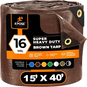 15' x 40' Super Heavy Duty 16 Mil Brown Poly Tarp Cover - Thick Waterproof, UV Resistant, Rip and Tear Proof Tarpaulin with Grommets and Reinforced Edges - by Xpose Safety