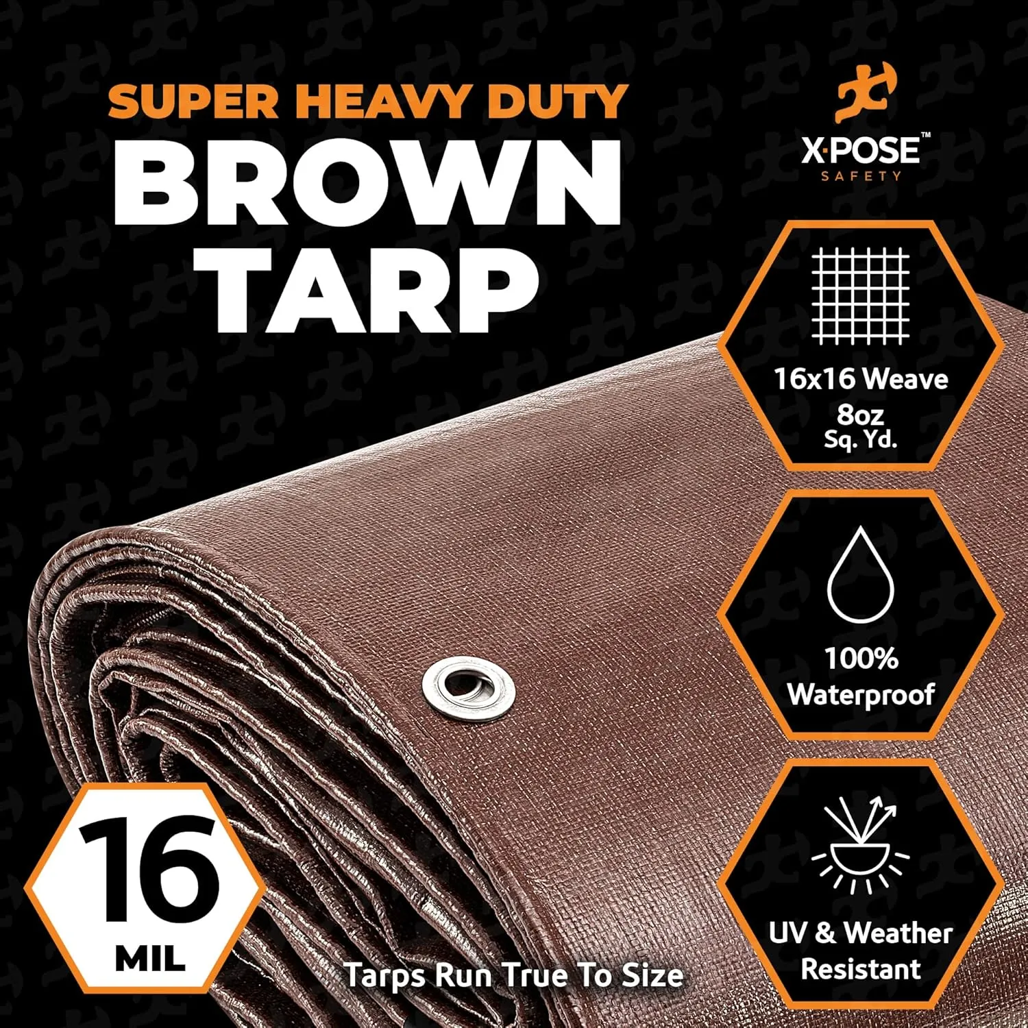 15' x 40' Super Heavy Duty 16 Mil Brown Poly Tarp Cover - Thick Waterproof, UV Resistant, Rip and Tear Proof Tarpaulin with Grommets and Reinforced Edges - by Xpose Safety