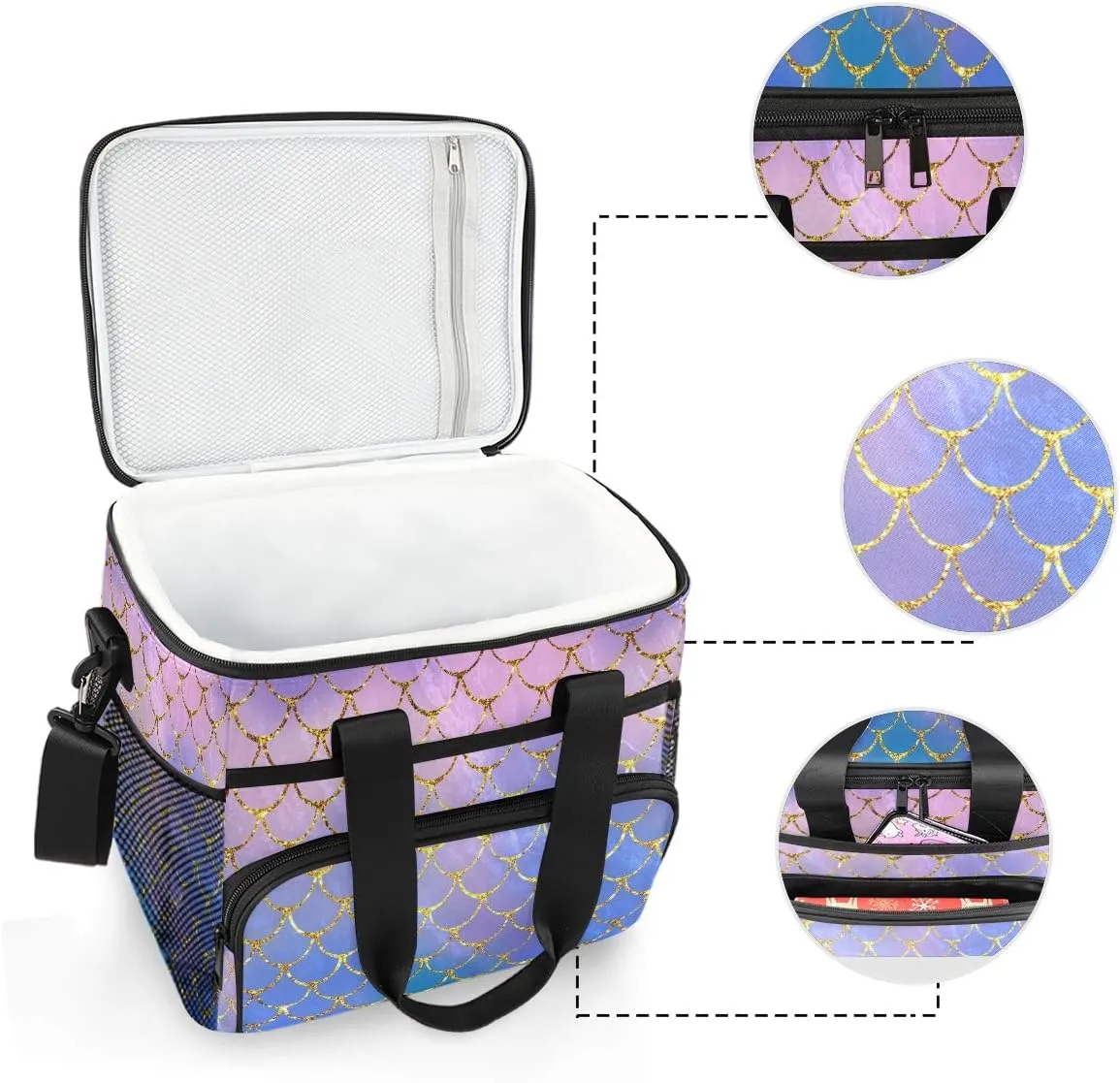 15L Leakproof Reusable Insulated Cooler Lunch Bag Office Work Picnic Hiking Beach Lunch Box Organizer with Adjustable Shoulder Strap, Purple Mermaid
