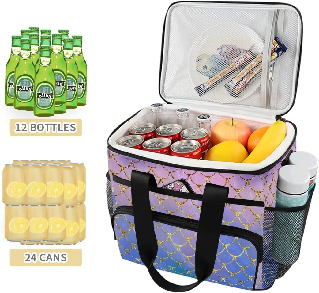 15L Leakproof Reusable Insulated Cooler Lunch Bag Office Work Picnic Hiking Beach Lunch Box Organizer with Adjustable Shoulder Strap, Purple Mermaid