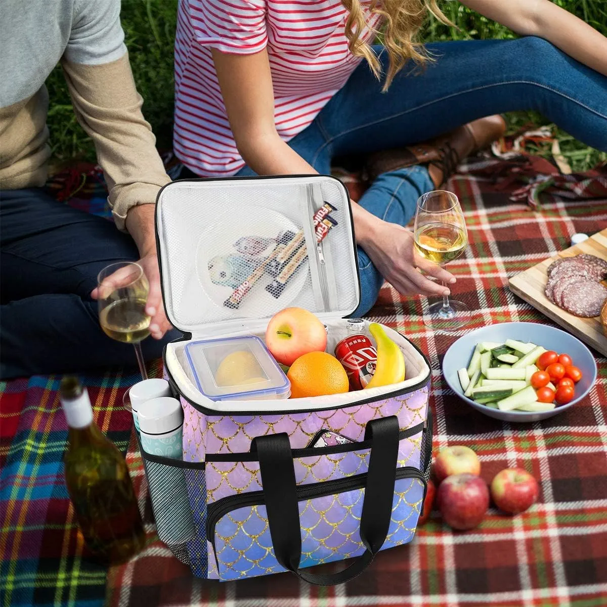 15L Leakproof Reusable Insulated Cooler Lunch Bag Office Work Picnic Hiking Beach Lunch Box Organizer with Adjustable Shoulder Strap, Purple Mermaid