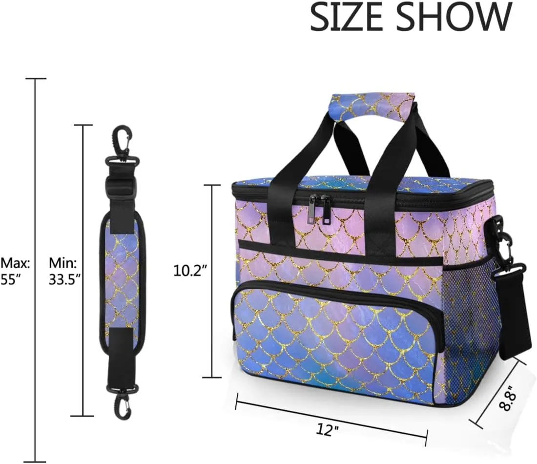 15L Leakproof Reusable Insulated Cooler Lunch Bag Office Work Picnic Hiking Beach Lunch Box Organizer with Adjustable Shoulder Strap, Purple Mermaid