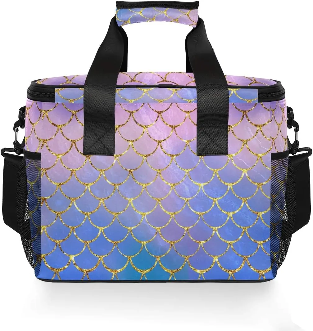 15L Leakproof Reusable Insulated Cooler Lunch Bag Office Work Picnic Hiking Beach Lunch Box Organizer with Adjustable Shoulder Strap, Purple Mermaid