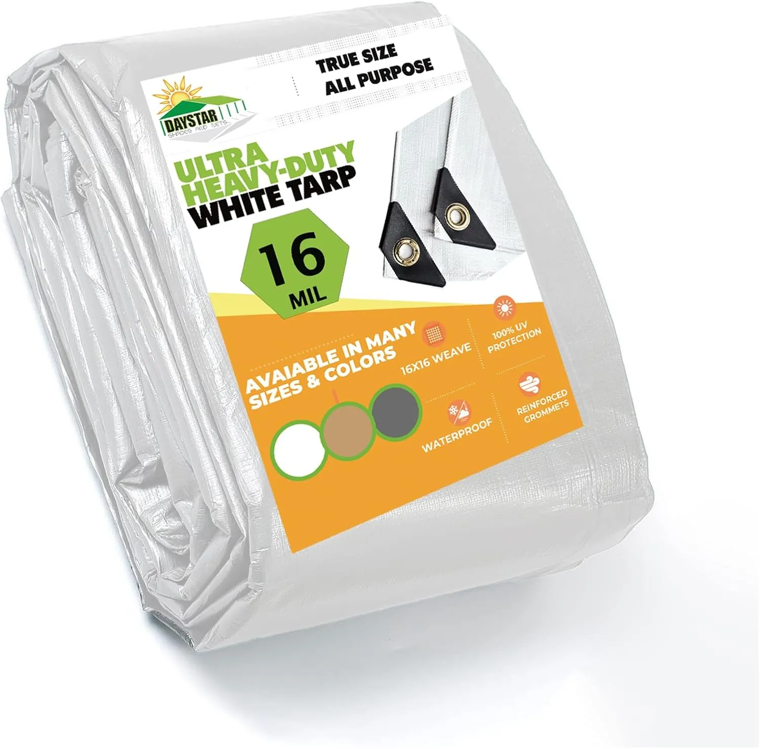 16 MIL Thick Ultra Heavy Duty White Tarp 10' x 16' (True Size) 3ply Waterproof 9.5 oz UV Protected Multipurpose Protective Cover Rain Tarpaulin
