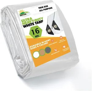 16 MIL Thick Ultra Heavy Duty White Tarp 10' x 16' (True Size) 3ply Waterproof 9.5 oz UV Protected Multipurpose Protective Cover Rain Tarpaulin