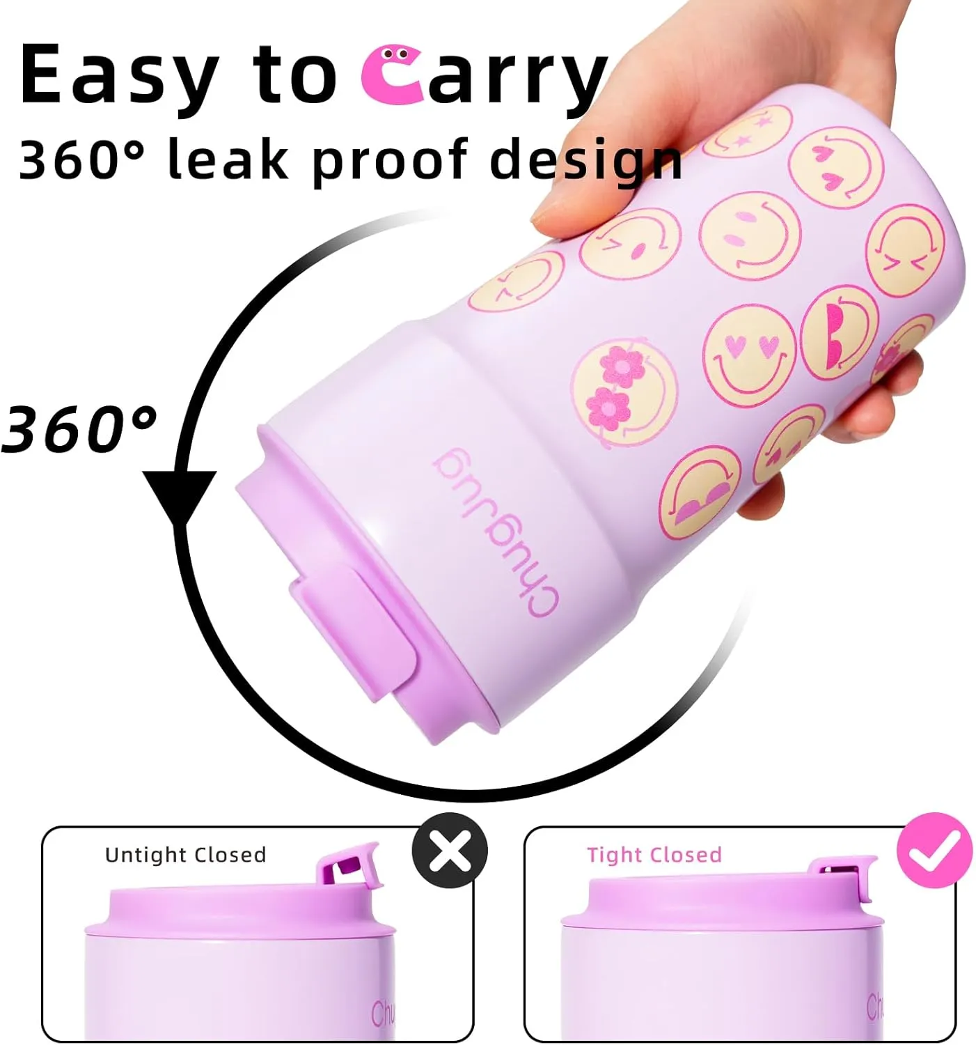 16 oz Travel Coffee Mug with Ceramic Coating, Leak-Proof Vacuum Insulated Coffee Tumbler with Lid, Double Wall Stainless Steel Travel Cup, Reusable To Go Mug for Hot& Cold Drinks (Smile)